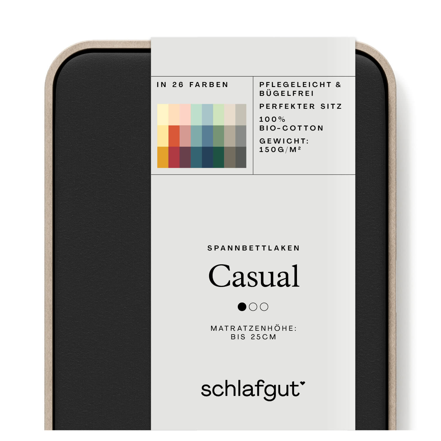 Das Produktbild vom Spannbettlaken der Reihe Casual in Farbe off-black von Schlafgut